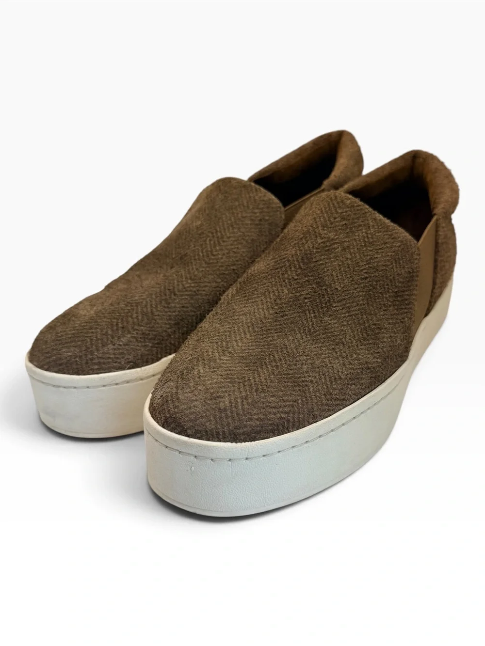 Vince “Warren” Neutral Herringbone Slip-On Platform Sneakers with White Sole